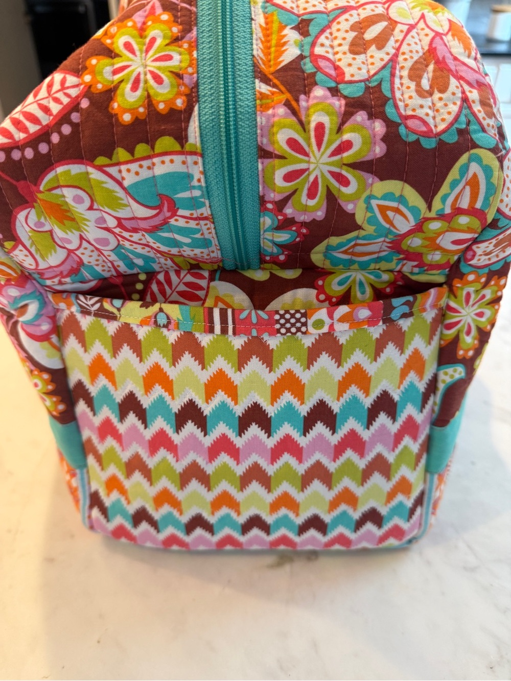 Handmade Quilted Weekender Duffel Bag Floral Boho Travel Tote Orange Aqua - Picture 4 of 8